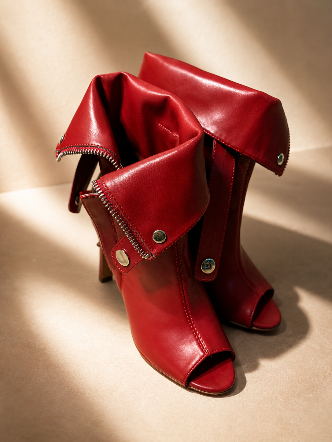 Women's Red Fold-Over Peep Toe Booties