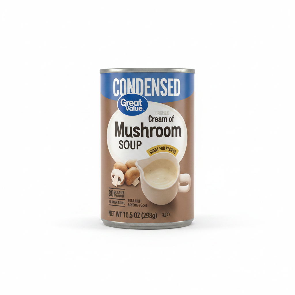 Great Value Condensed Cream of Mushroom Soup 10.5 oz can on clean white background