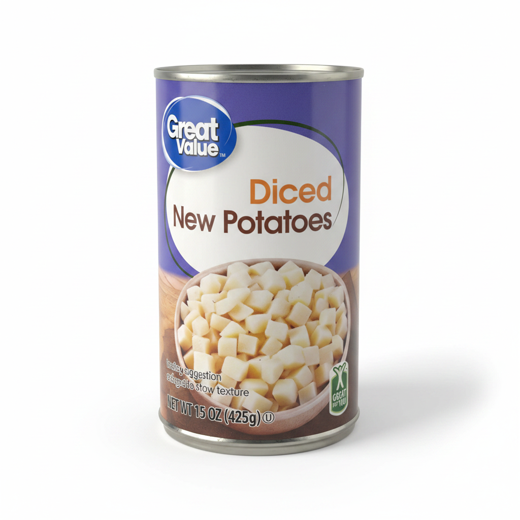Great Value Diced New Potatoes 15 oz can on clean white background