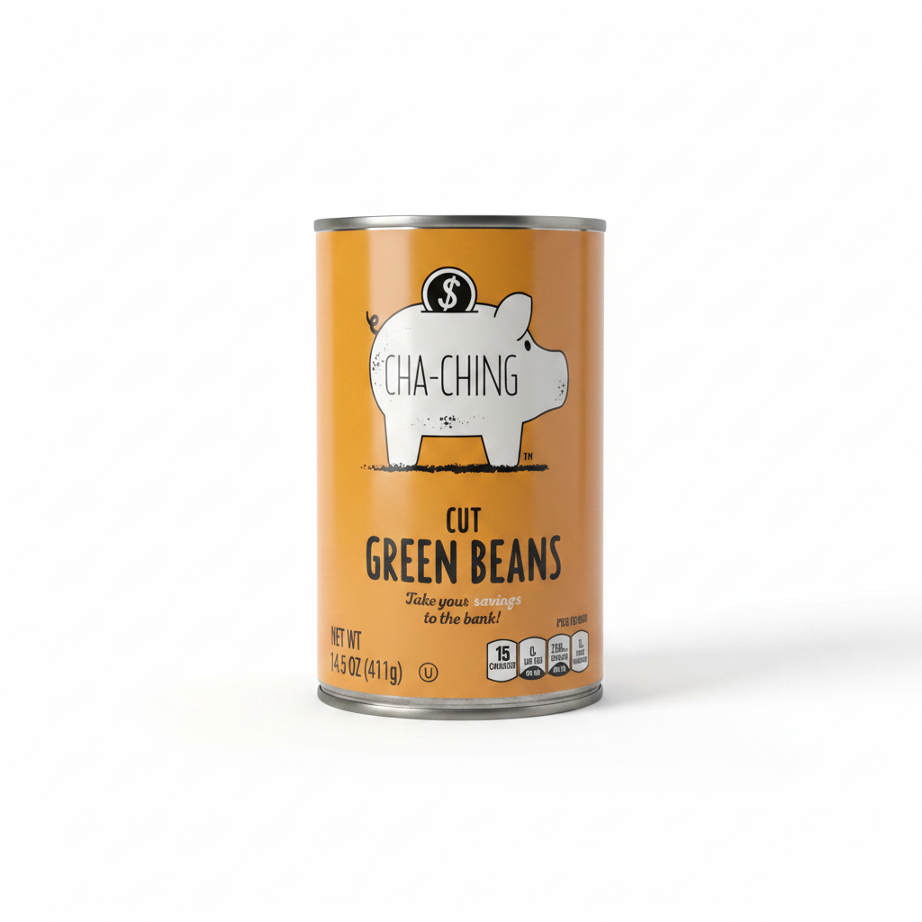 Cha-Ching Cut Green Beans 14.5 oz can on clean white background