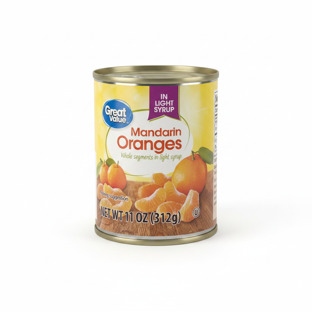 Great Value Mandarin Oranges in Light Syrup 11 oz can on clean white background