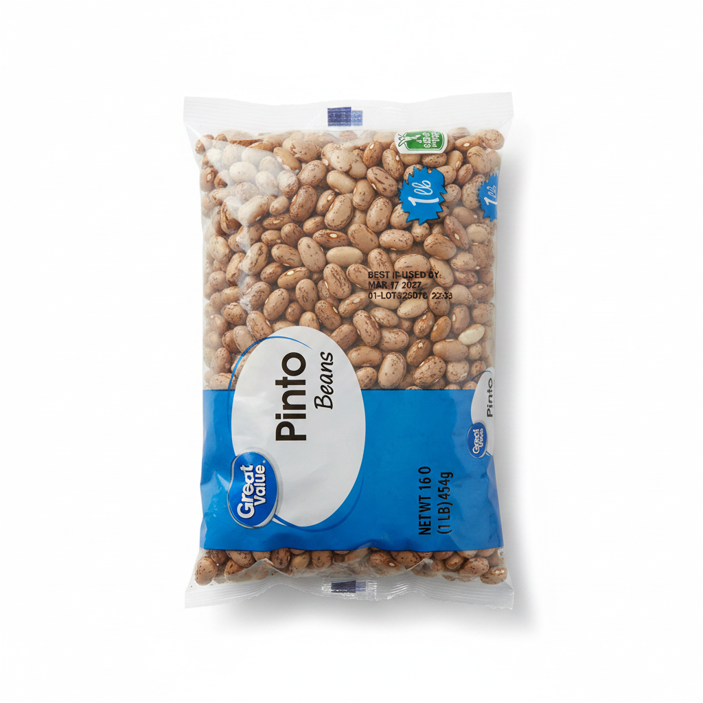 Great Value Pinto Beans 16 oz bag on clean white background