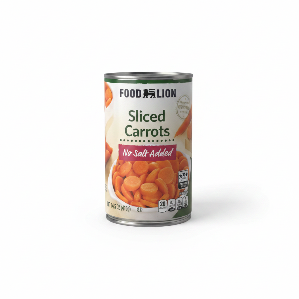 Food Lion Sliced Carrots No Salt Added 14.5 oz can on clean white background