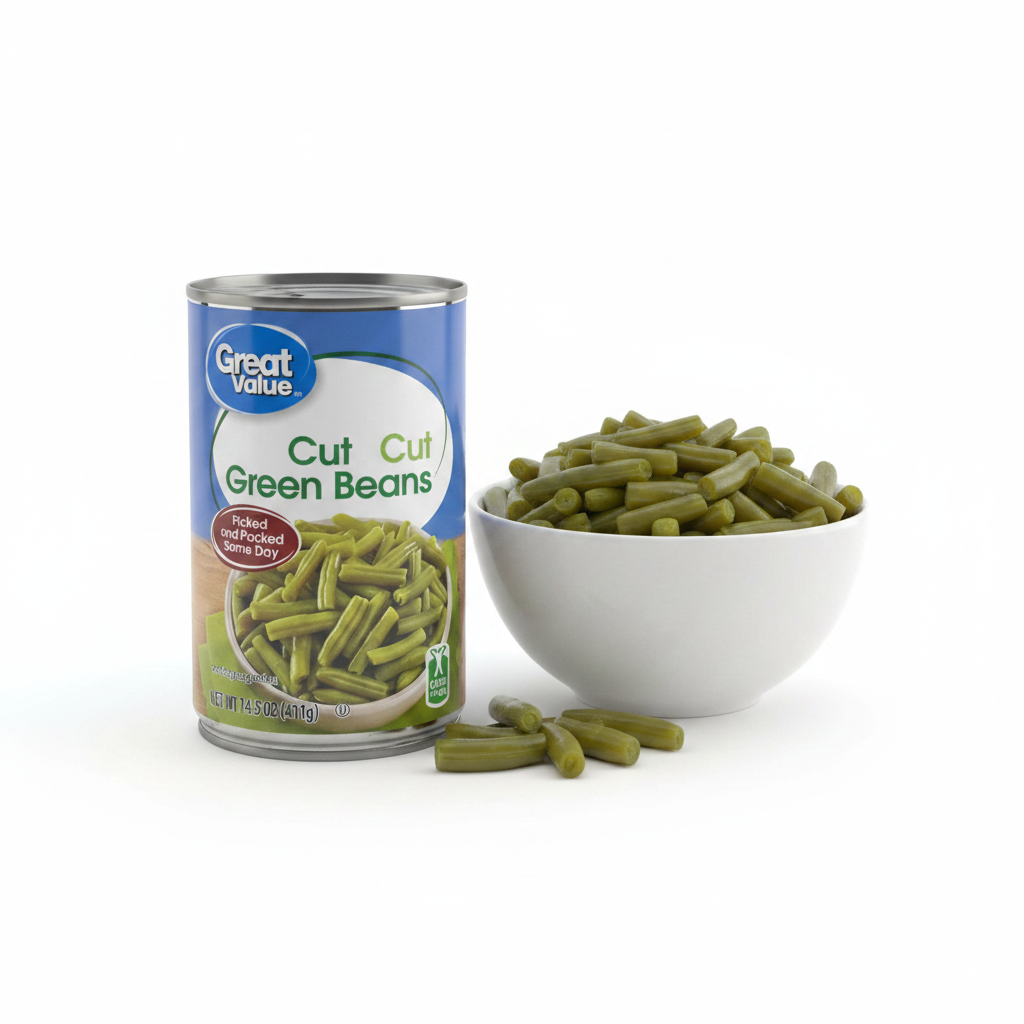 Great Value Cut Green Beans 14.5 oz can on clean white background
