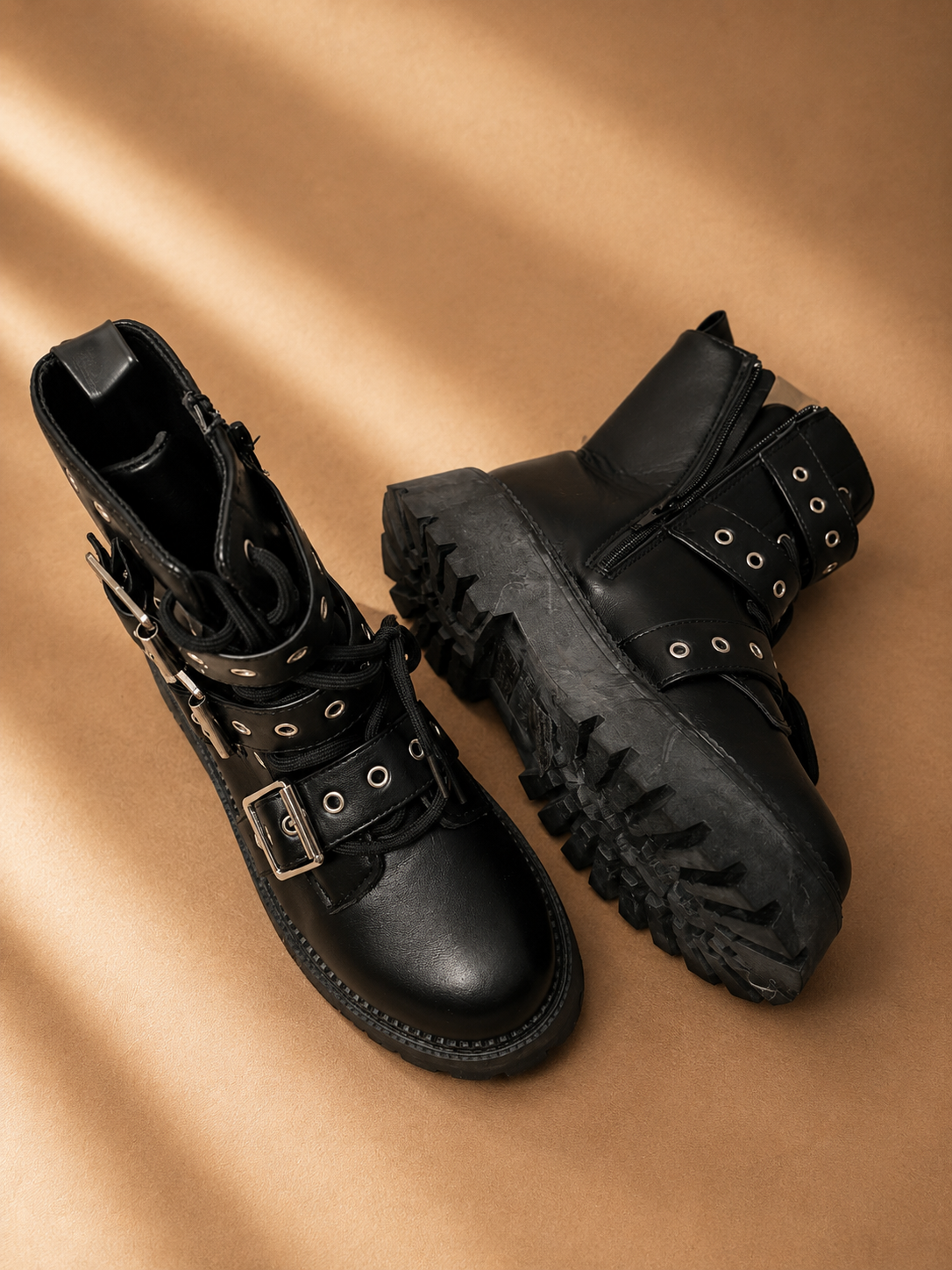 Women's Black Buckled Combat Boots