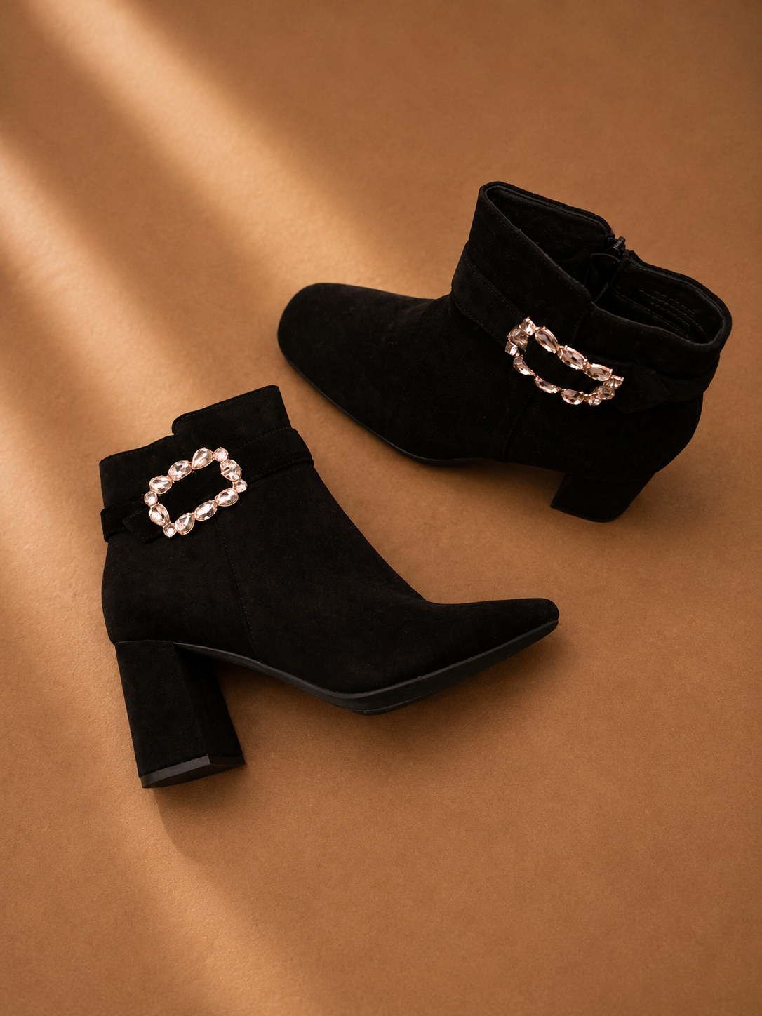 Women's Black Rhinestone Buckle Ankle Boots