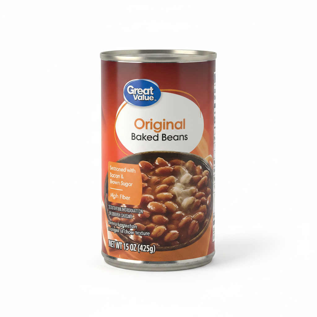 Great Value Original Baked Beans 15 oz can on clean white background