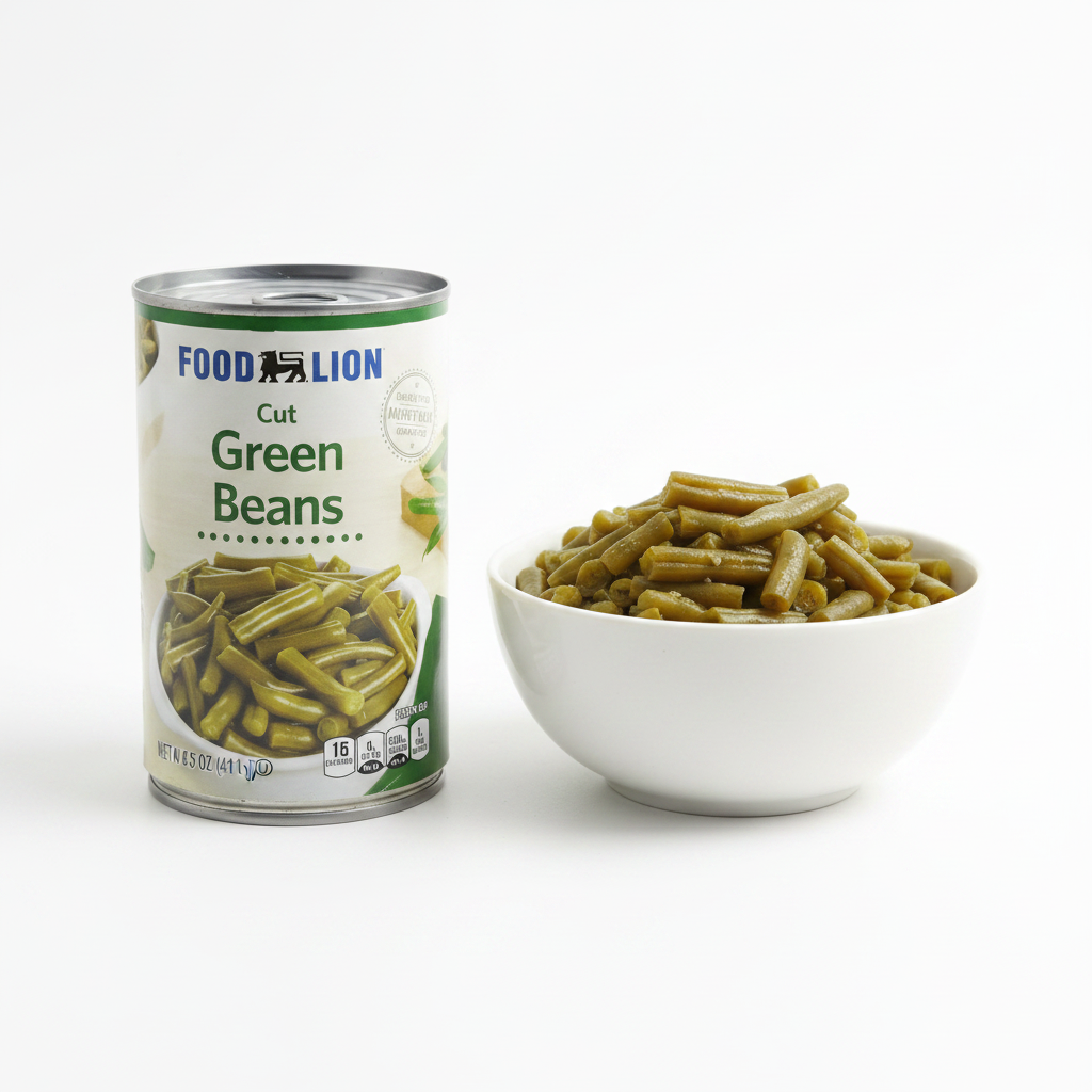 Food Lion Cut Green Beans 14.5 oz can on clean white background