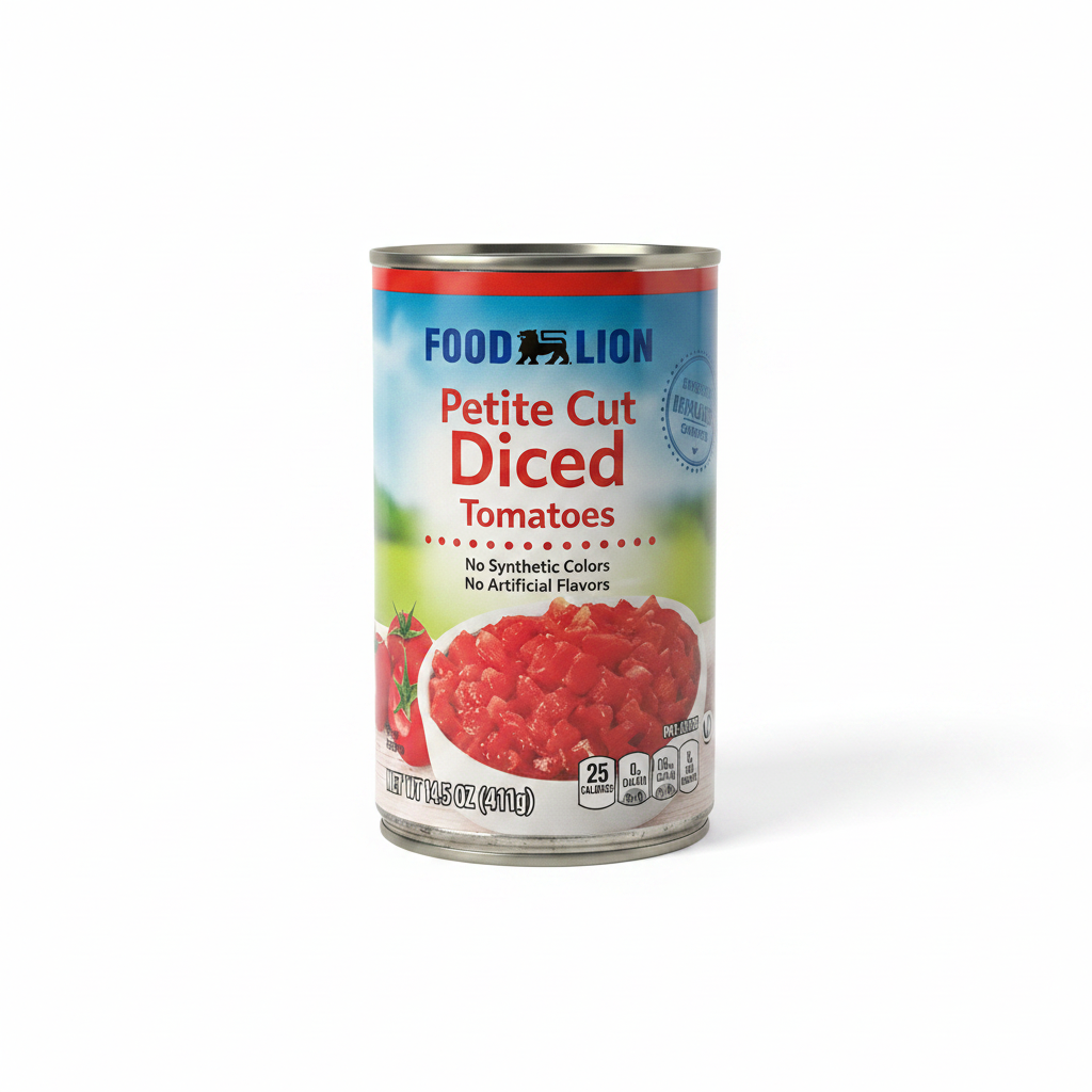 Food Lion Petite Cut Diced Tomatoes 14.5 oz can on clean white background