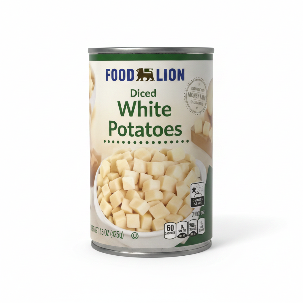 Food Lion Diced White Potatoes 15 oz can on clean white background