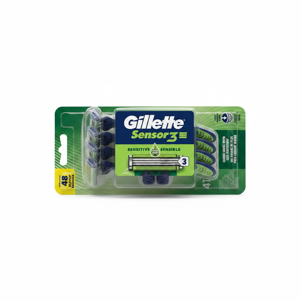 Gillette Sensor3 Sensitive disposable razors 4-pack with aloe, studio product photo