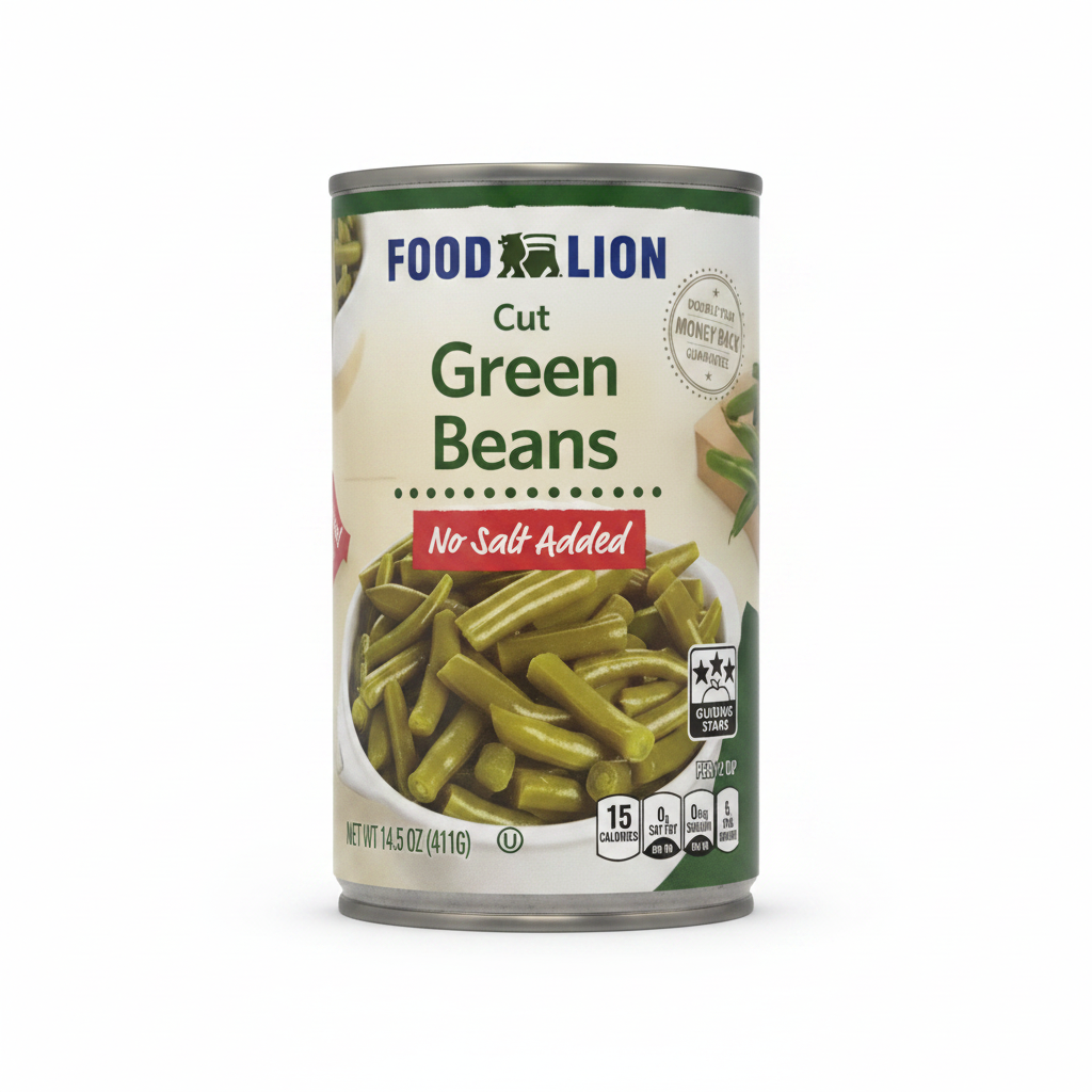 Food Lion Cut Green Beans No Salt Added 14.5 oz can on clean white background