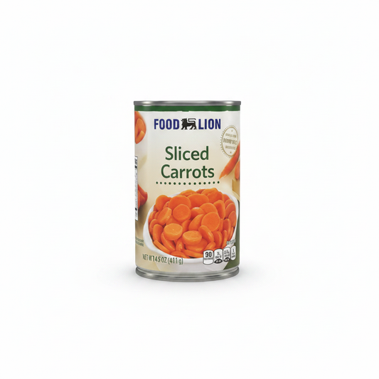 Food Lion Sliced Carrots 14.5 oz can on clean white background
