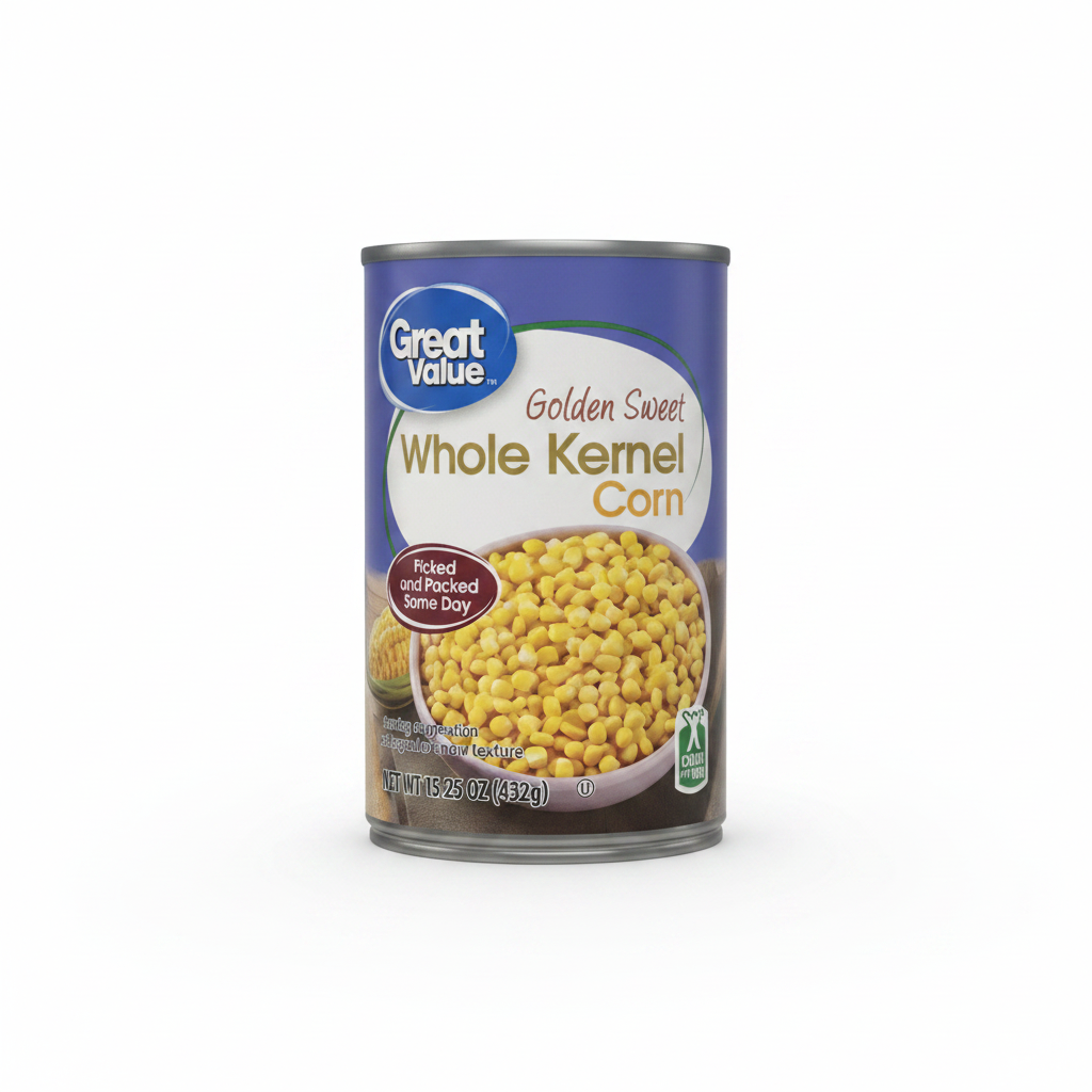 Great Value Golden Sweet Whole Kernel Corn 15.25 oz can on clean white background