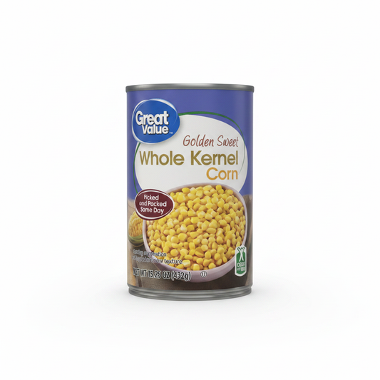 Great Value Golden Sweet Whole Kernel Corn 15.25 oz can on clean white background