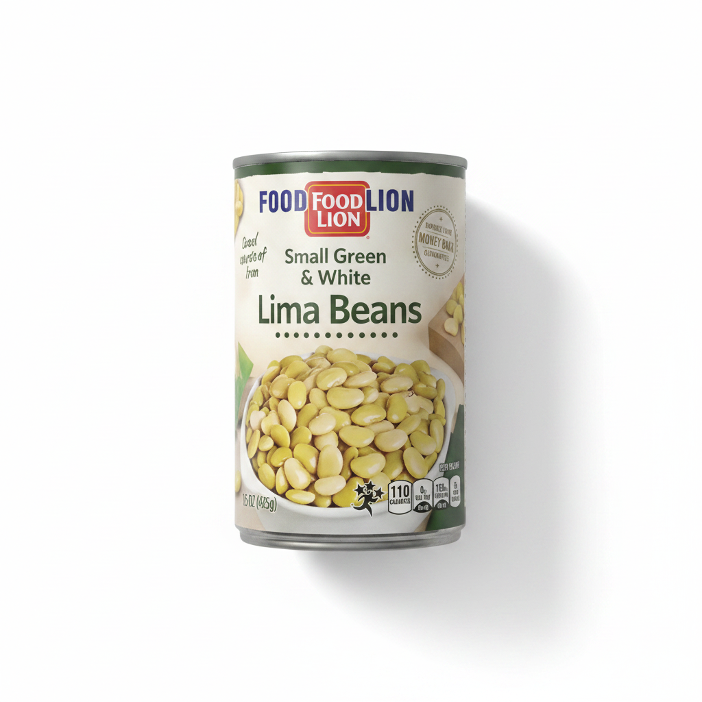 Food Lion Small Green and White Lima Beans 15 oz can on clean white background