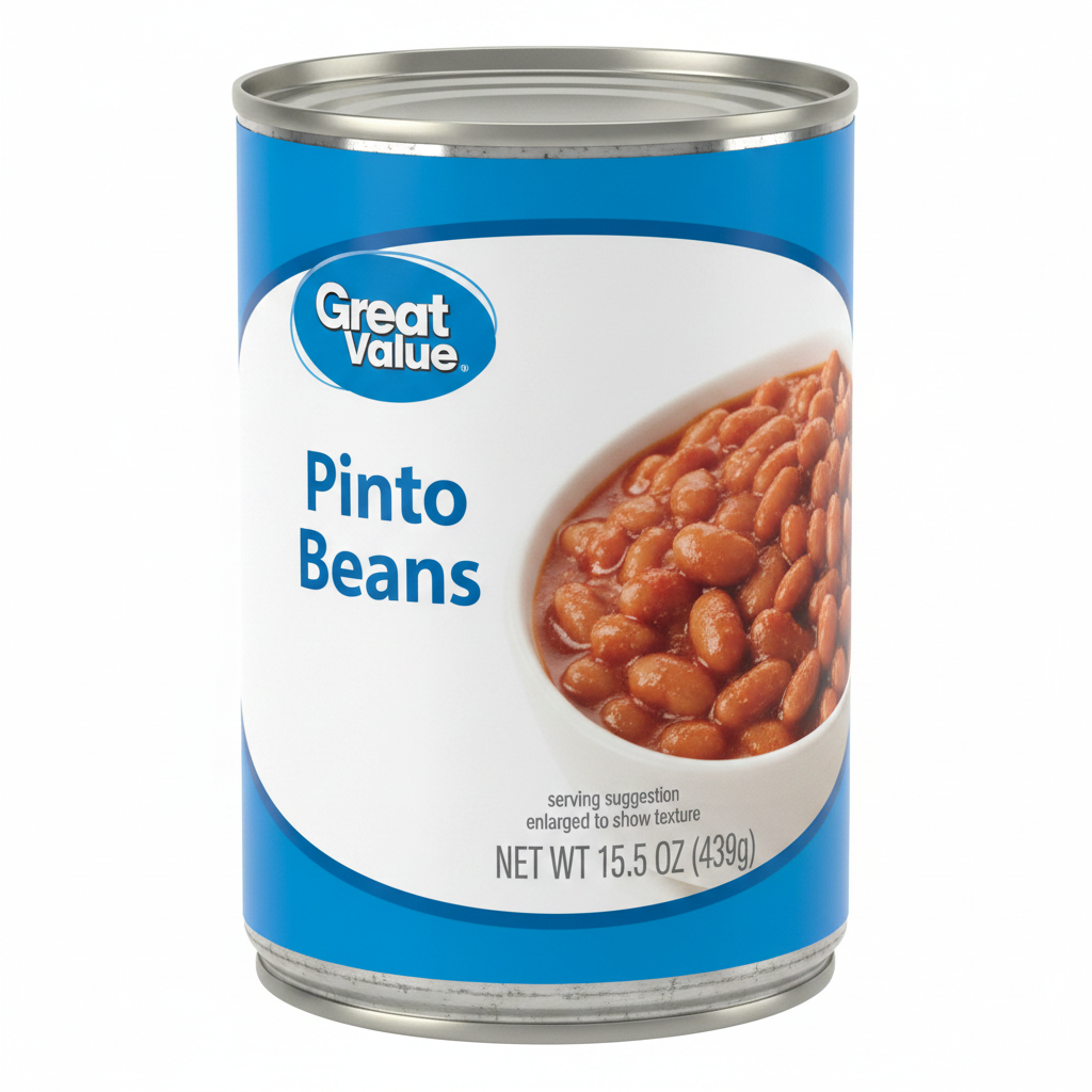 Great Value Pinto Beans 15.5 oz can on clean white background
