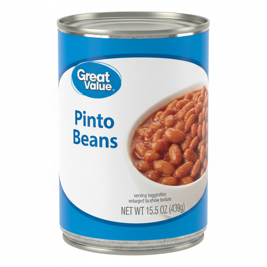 Great Value Pinto Beans 15.5 oz can on clean white background