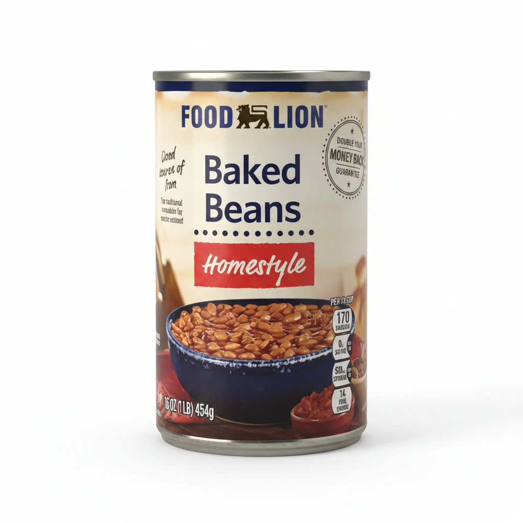 Food Lion Homestyle Baked Beans 16 oz can on clean white background