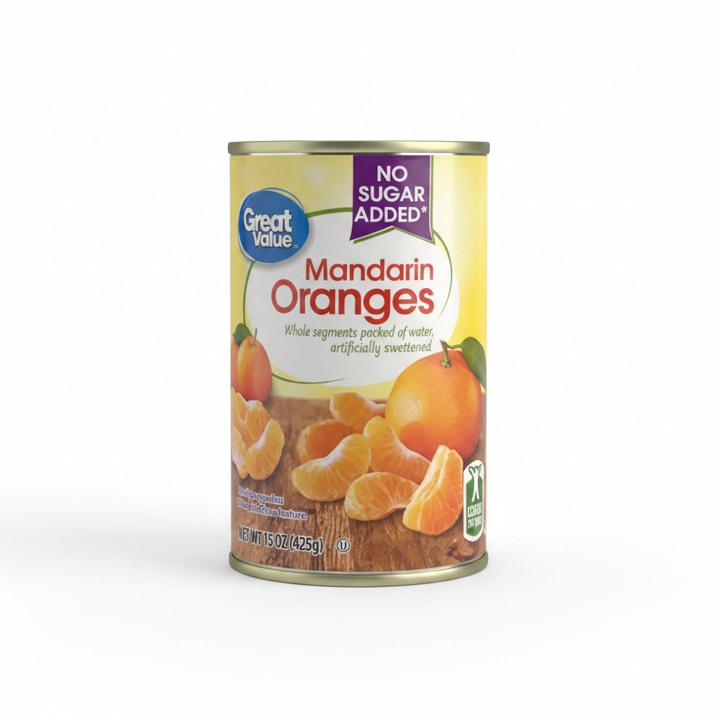 Great Value No Sugar Added Mandarin Oranges 15 oz can on clean white background
