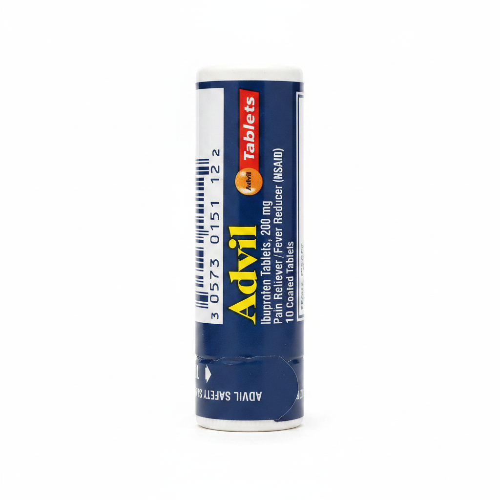Advil Ibuprofen Tablets 200mg 10-count travel tube, studio product photo