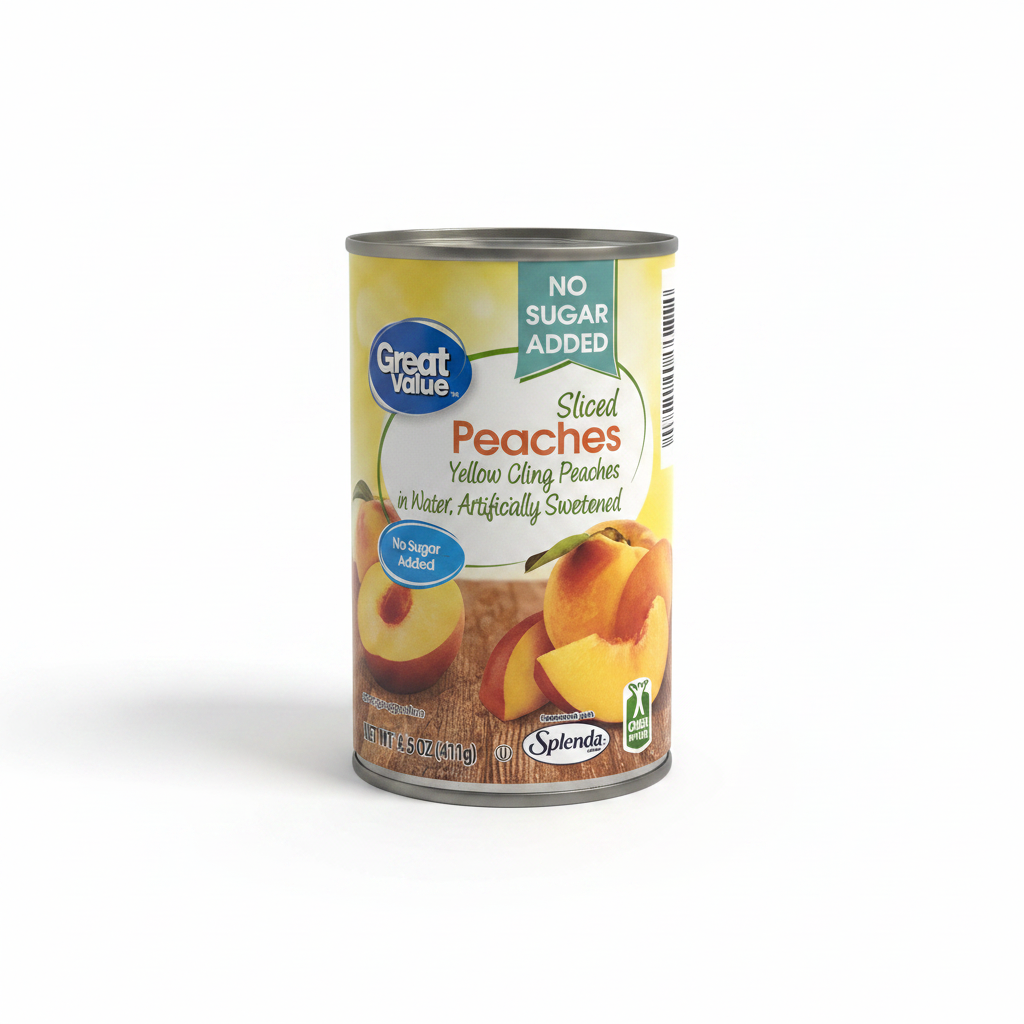 Great Value No Sugar Added Sliced Peaches 14.5 oz can on clean white background